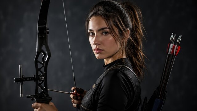 Focused female archer holding a recurve bow with arrows in quiver looking at camera against dark background. Concept of archery, athlete, studio, portrait, target shooting. Copy space.