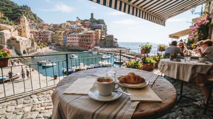 Fototapeta premium Coffee and croissant on terrace overlooking coastal harbor