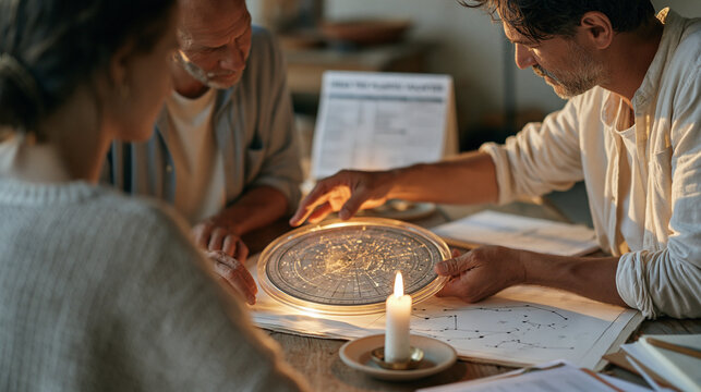 Stargazing guide holds a planisphere disk over a candlelit chart table, arm extended toward a hand drawn constellation map, urban tree planting volunteer schedule visible over his
