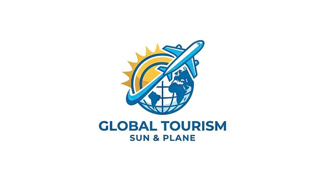 Global tourism logo with airplane sun and globe.