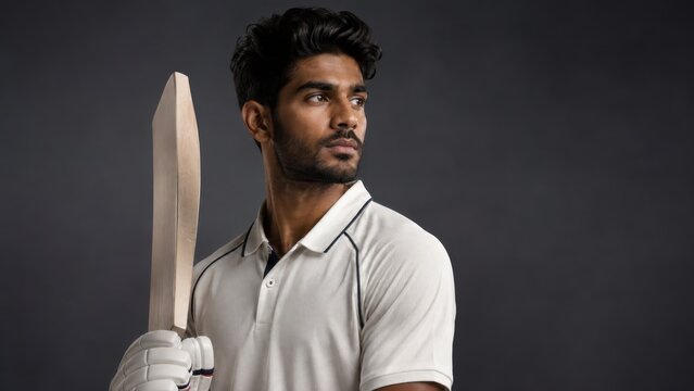 Confident Indian cricket player posing with wooden bat against studio background. Concept of portrait, indian batsman, sportsman, athlete, batsman, indian man, sports portrait. Copy space.