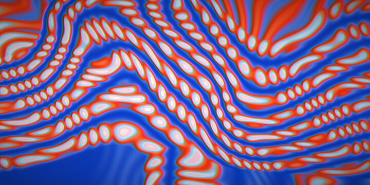 Blue and red ink swirls echo aurora ribbons over rippled dark grain.