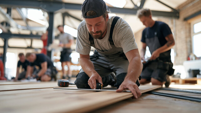 Flooring installation crew carefully laying wide plank hardwood in an industrial loft conversion space, group of tradespeople measuring and fitting around exposed steel beams and
