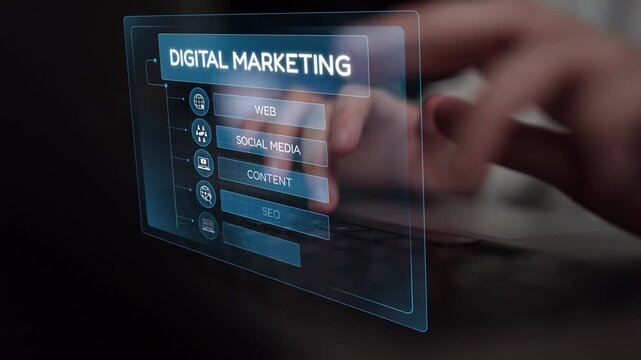 Digital marketing strategy broken down into categories: web, SEO, content, social media, and advertise. Digital tools enhance online marketing success across digital platforms. Muxer