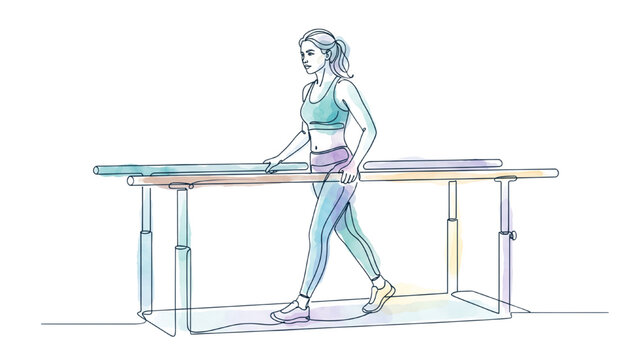 Continuous Line Art Woman Performing Physical Therapy Exercises on Parallel Bars, Rehabilitation Vector Illustration