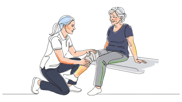 Continuous Line Art Physical Therapist Treating Elderly Woman&rsquo;s Injured Knee, Physiotherapy Healthcare Vector Illustration