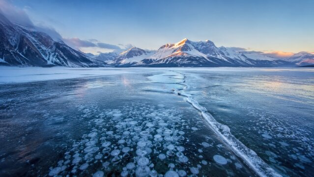 Frozen lake surface with methane ice bubbles and mountain range at sunrise during winter season. Concept of snowy, winter landscape, snow mountains, abraham lake, crack ice.