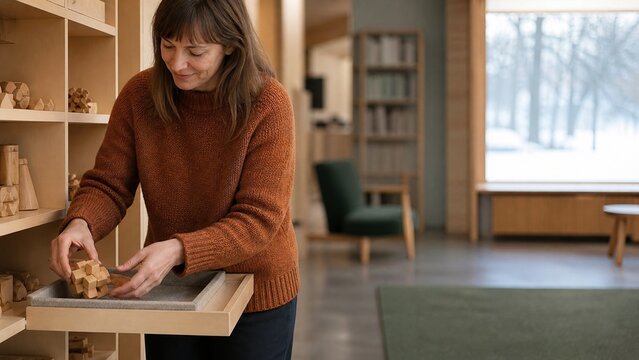 Young woman with brown hair crafting at a wooden table, detailed view of focused hands and natural materials, conveying a sense of calm creativity and handmade artistry