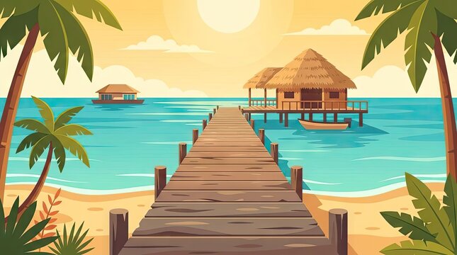 Vector illustration of tropical beach pier and hut.
