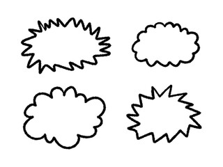 Hand drawn comic speech bubbles explosion bursts and fluffy cloud frames doodle set isolated on transparent background. For pop art, comic books, dialogs, announcements, sales tags, and cartoon text b © Iryna