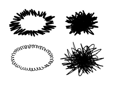 Hand drawn chaotic scribble speech bubbles and splash frames doodle set isolated on transparent background. For comic speech bubbles, bang effects, text framing, and chaotic thoughts concept.