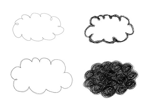 Hand drawn cloud doodle set with scribble outlines and filled storm cloud isolated on transparent background. For weather forecasts, sky decor, speech bubbles, and rainy mood design.