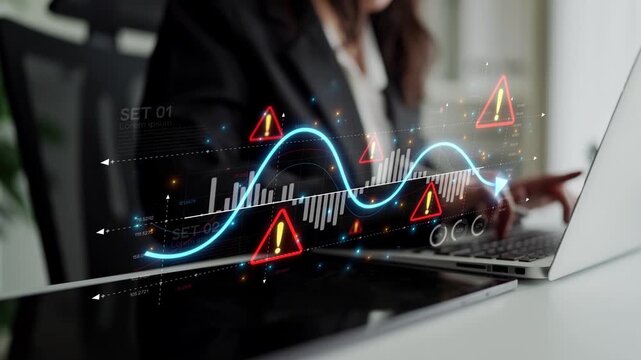 Economic caution visual showing risk alerts and financial volatility. Warning signs highlight economic downturn, market risk, finance crisis, and uncertainty in data-driven analysis. Muxer