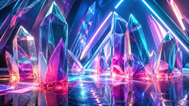 Glowing neon crystals reflecting vibrant purple pink and blue light in futuristic sci-fi aesthetic background. Concept of future, sci-fi backdrop, gem, glass crystal.