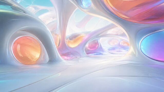 Futuristic Organic Architecture Interior Background with Colorful Glass Elements and Smooth Curves. Concept of future, abstract, 3d render, abstract background, modern architecture, fluid shapes.