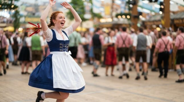 Woman in traditional dirndl dancing and celebrating at Oktoberfest festival. Joyful bavarian folk culture and german tradition with crowd background for beer holiday celebration