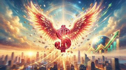 Fototapeta premium Dollar symbol rising with wings over urban skyline