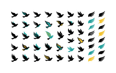 Fototapeta premium Collection of stylized bird and wing icons in various poses and colors