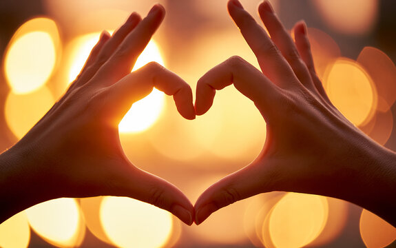 Hands forming heart shape with warm light background