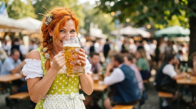 Smiling woman in traditional dirndl holding large beer mug at Oktoberfest beer garden outdoors. Bavarian folk festival celebration and German culture tradition concept