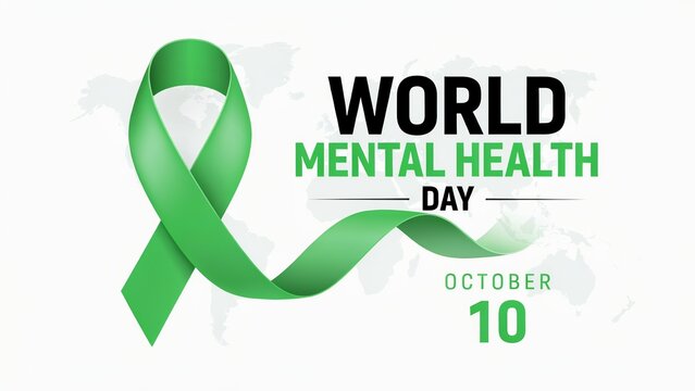World Mental Health Day banner with green ribbon, October 10 awareness campaign graphic, mental health support concept with world map background and satin ribbon