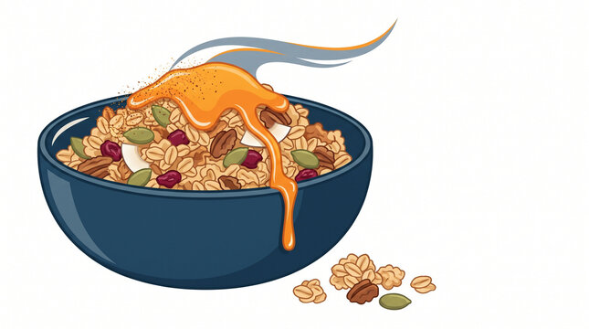 Pumpkin spice granola in a bowl with a drizzle  