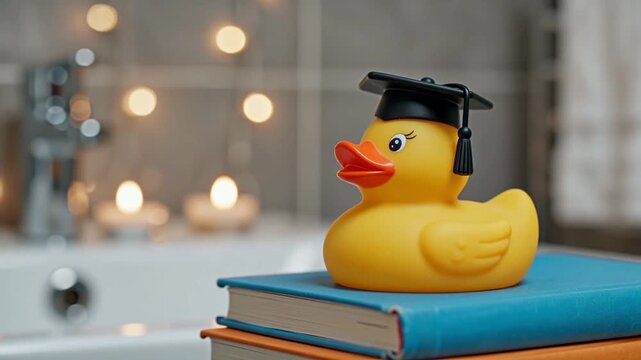 Close up rubber duck sitting stack books tiny g, cinematic lighting, shallow depth field, bokeh background, copy space