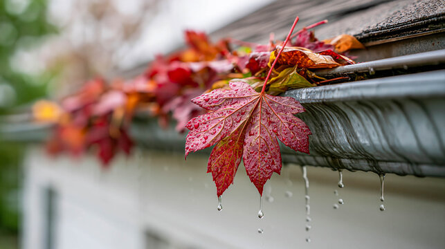 Rainy autumn leaves collecting in a residential roof gutter during seasonal maintenance