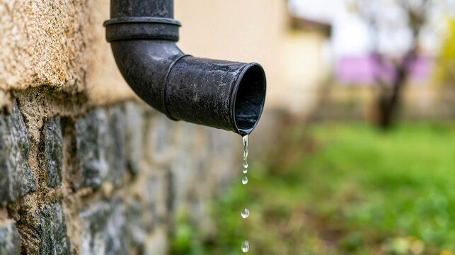 Water dripping from a residential gutter drain during rain and home plumbing maintenance