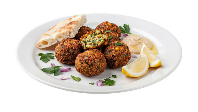 Crispy falafel balls with hummus and pita bread served on a plate with lemon wedges and parsley isolated on transparent background