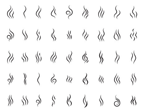 Smoke steam icon vector logo set. Smoke smell, steam aroma heat icon illustration. Hot vapor fire doodle line logo. Hit stink, coffee, fragrance flame elements. Vector illustration.