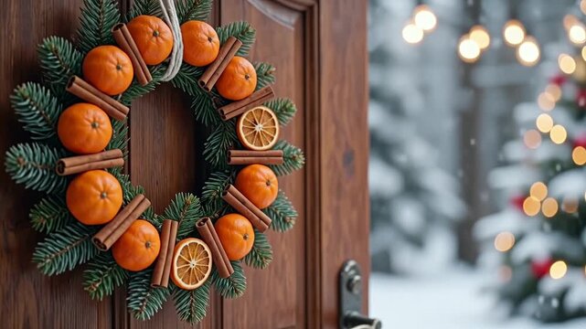 Close up wreath hanging wooden door dried oranges , cinematic lighting, shallow depth field, bokeh background, copy space