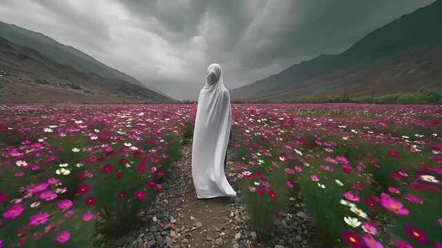 A surrealistic portrayal of a solitary figure standing in a vast field of cosmos flowers. The figure wears a flowing white garment that billows around them, obscuring their face. The field is.