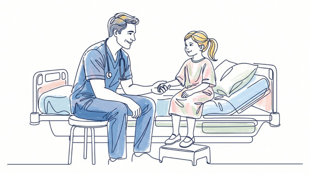 Continuous Line Art Male Nurse Holding Girl Patient Hand on Hospital Bed, Caring Pediatric Healthcare Vector Illustration