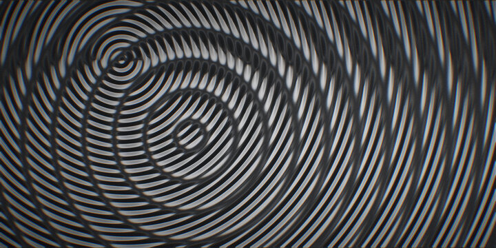 Blue and orange ripples pulse under striped op art light, giving the frame a meditative yet ominous charge with dark grain.