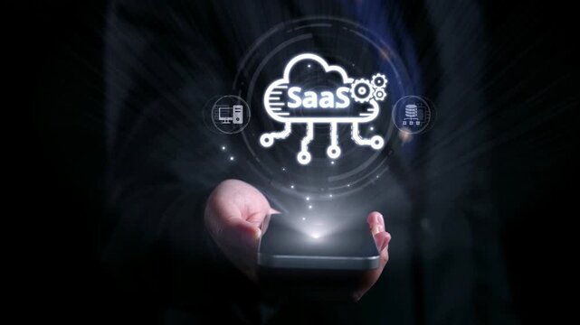 Visual representation of SaaS showing infrastructure, SaaS deployment, SaaS platform features, and SaaS integration model in digital environment. Elide
