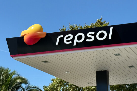 Repsol gas station canopy and logo against blue sky on August 25, 2026 in Matar&oacute;, Catalonia, Spain