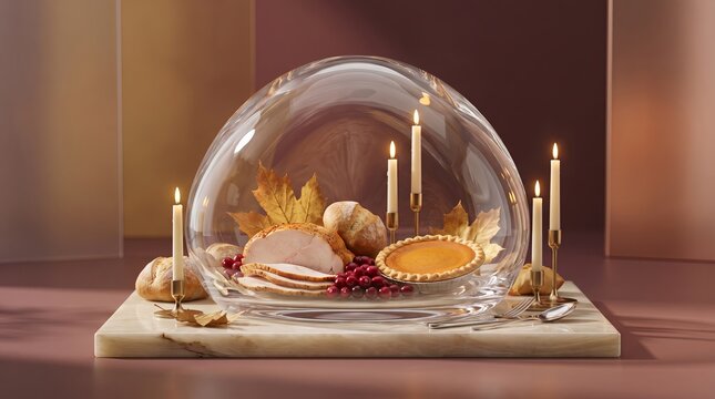 Turkey displayed inside a glass dome for Thanksgiving