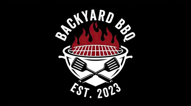 Backyard BBQ grill logo with spatula and flames.