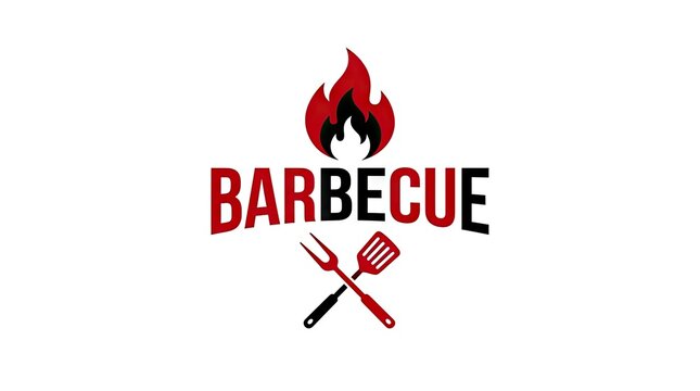 Barbecue restaurant logo with flame and crossed cooking tools.