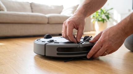 Fototapeta premium Person kneeling on a wooden floor replacing the side brush on a grey robot vacuum cleaner