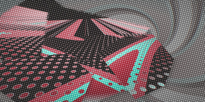 Hushed red light washes over a halftone raster, with smoke waves crossing a poster-style perspective and dark cinematic grain.