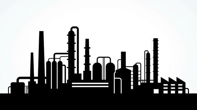 Black silhouette of industrial refinery plant on white background