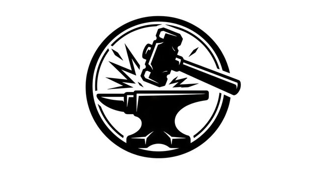 Blacksmith anvil and hammer industrial logo.