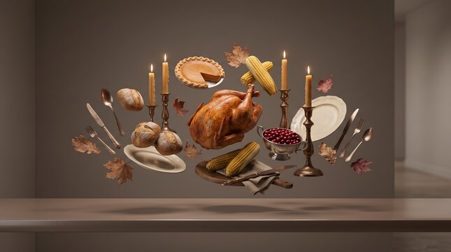 Corn and turkey floating in a circle for Thanksgiving