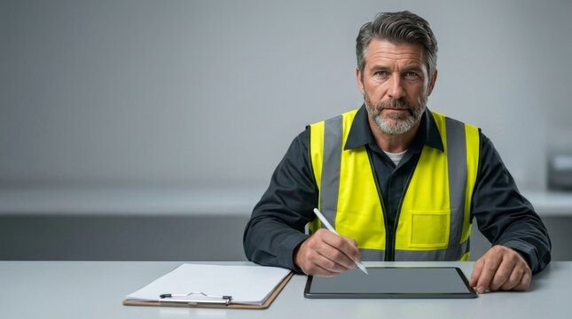 Mature Logistics Manager or Construction Supervisor Wearing High Visibility Vest Using Digital Tablet and Stylus at Desk for Project Planning and Inventory Management