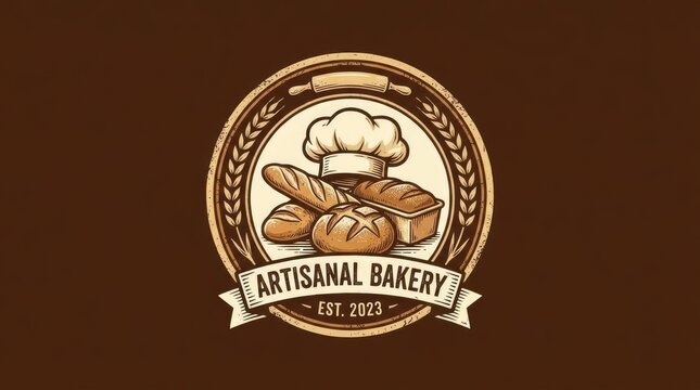 Circular artisanal bakery emblem with bread and chef hat.