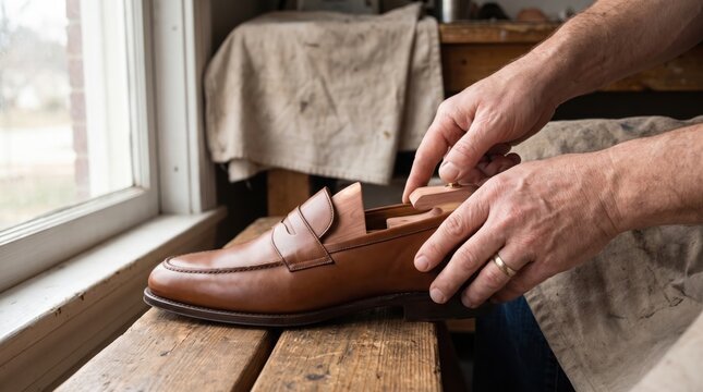 Hands inserting a cedar wooden shoe tree into a brown leather penny loafer to maintain its shape