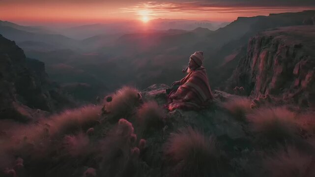 A vivid portrayal of a serene mountain landscape at sunset. A man sits atop a rocky outcrop, wearing a striped shawl and a beanie, smoking a pipe. The setting sun casts a warm, golden light over.