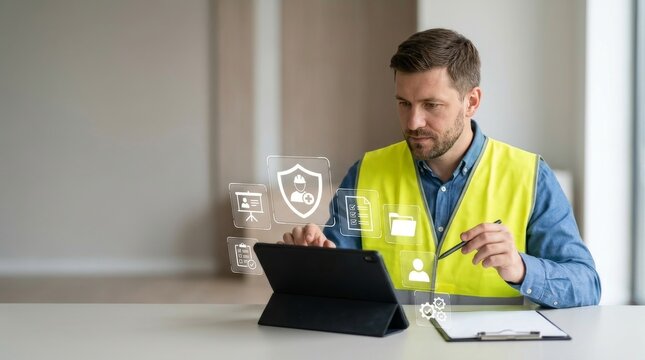 Construction manager using digital tablet and holographic interface to manage site safety protocols and personnel data.